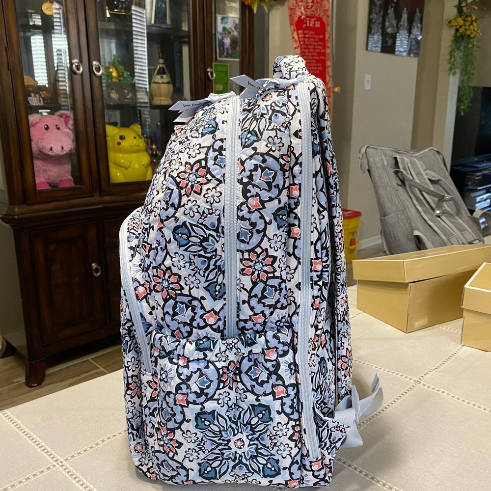 Vera Bradley Light Blue Floral Quilted Backpack with Coral and Navy Accents - Picture 2 of 2